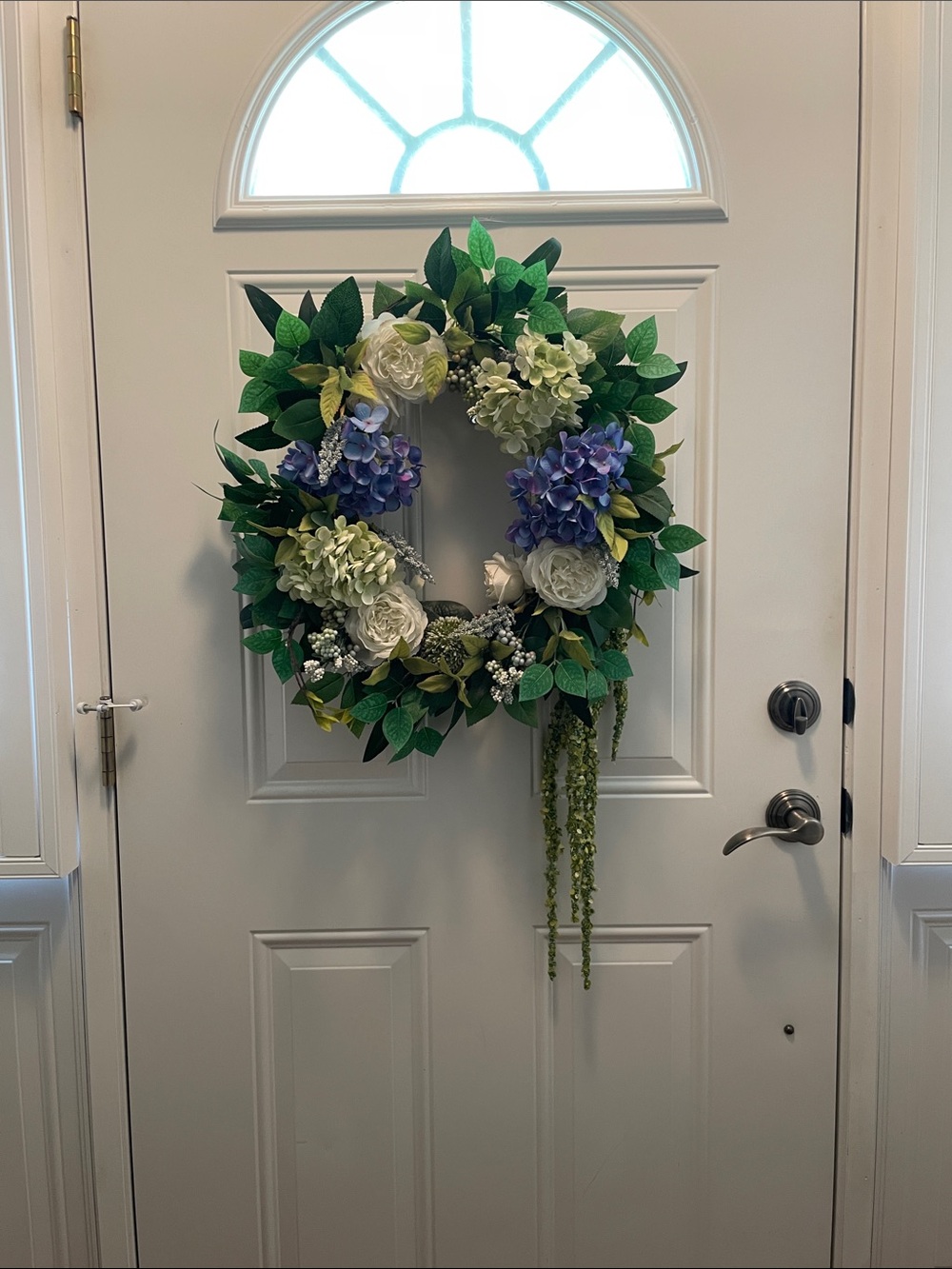 Floral Wreath Blue Hydrangeas White Roses  Peonies Lush Greenery Trailing Detail